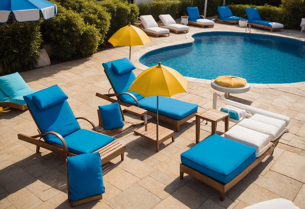 The outdoor pool furniture is arranged neatly around the sparkling blue pool, with colorful umbrellas providing shade. The sun loungers and tables are inviting, creating a relaxing atmosphere for guests