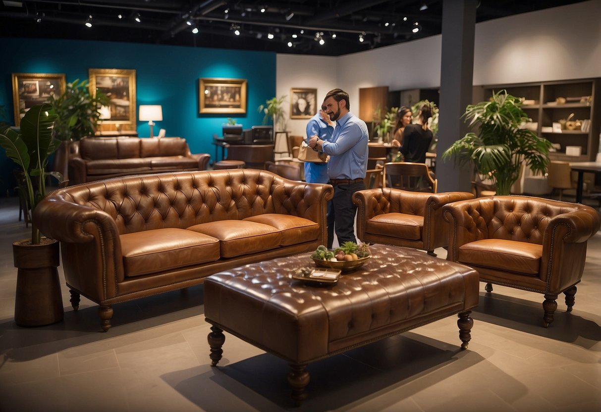 Customers admiring replica furniture, leaving positive reviews. Staff providing exceptional service, ensuring a delightful experience