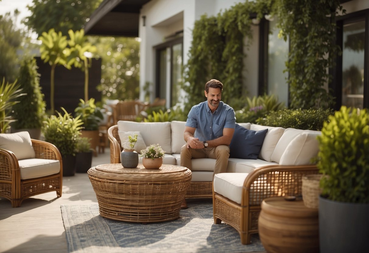A customer carefully selects rattan outdoor furniture at a store. They then arrange and clean the furniture in their backyard