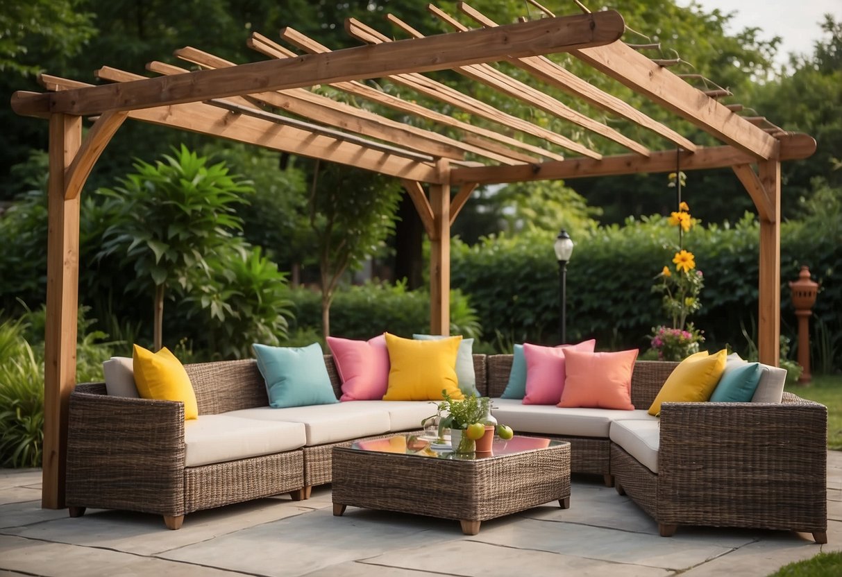 A rattan outdoor furniture set displayed in a lush garden setting with a pergola and colorful cushions