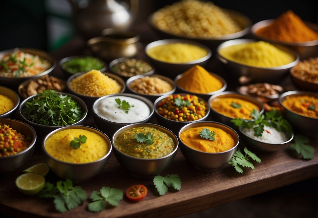 Vibrant display of Gujarati cuisine: dhokla, thepla, undhiyu, and fafda. Colorful spices and ingredients adorn the table