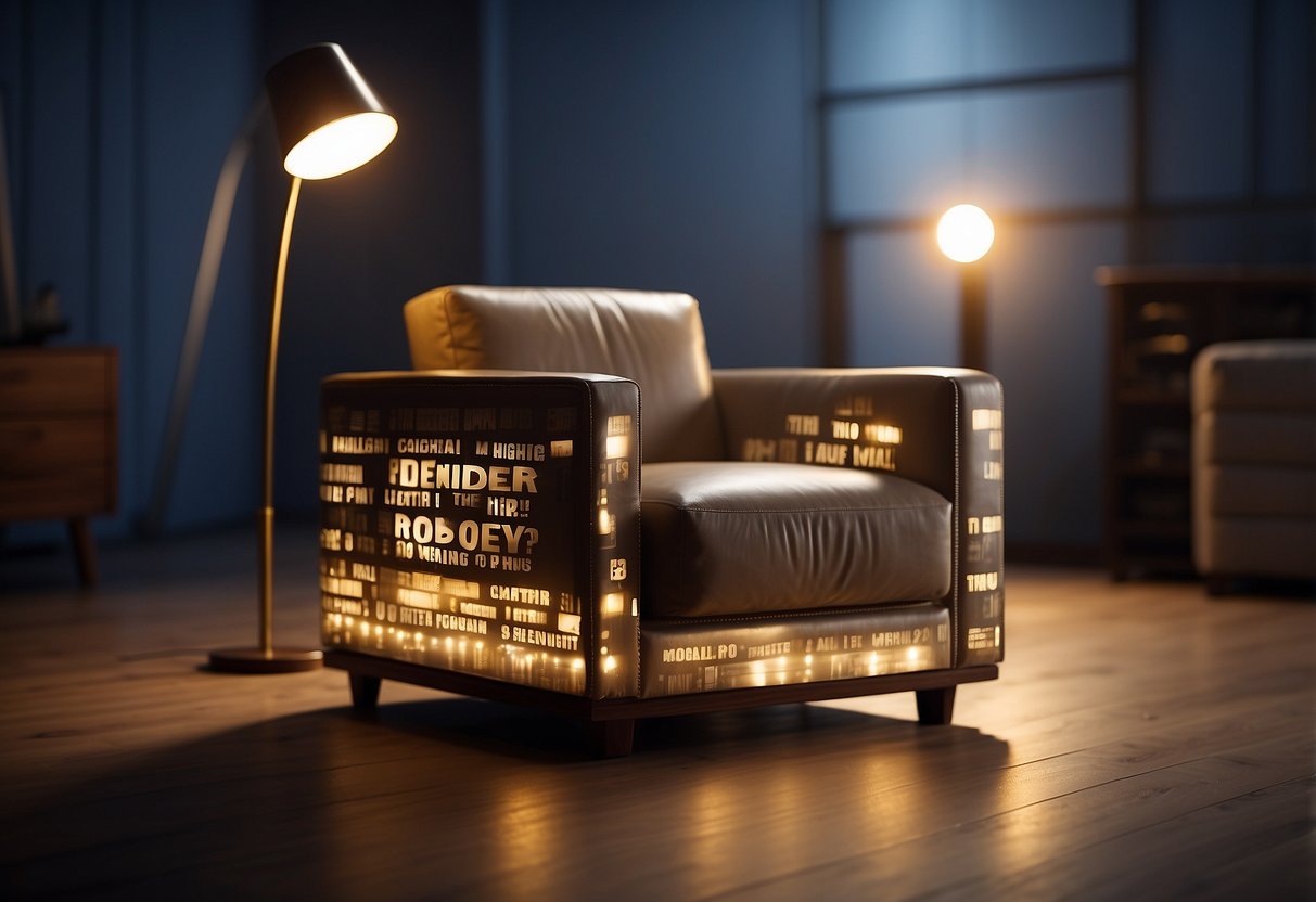 A stack of customer reviews on replica furniture, surrounded by question marks and a spotlight highlighting the title