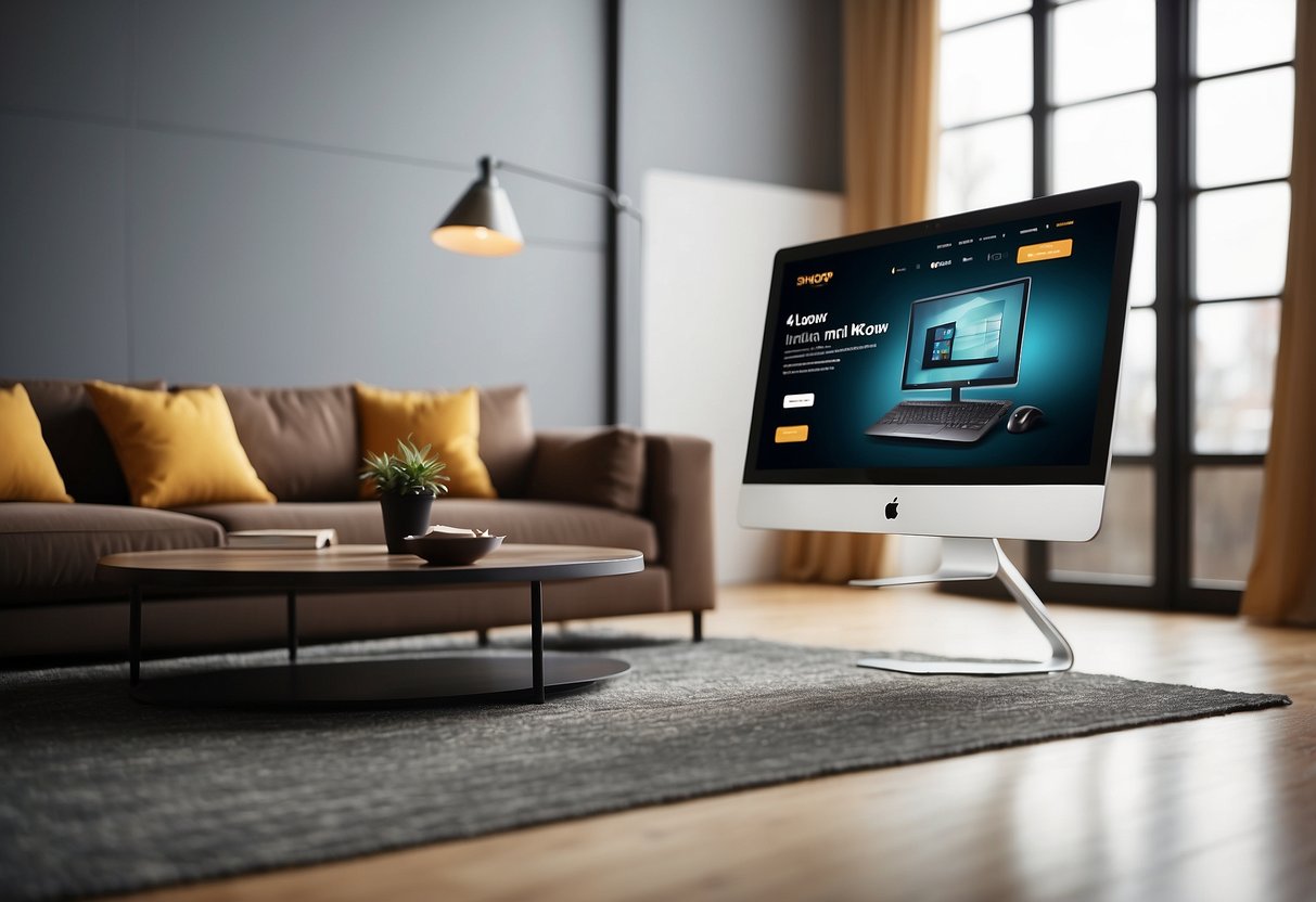 A computer screen displaying a clean, modern living room set with a "Shop Now" button below. A sleek, easy-to-navigate website design with simple, attractive furniture options