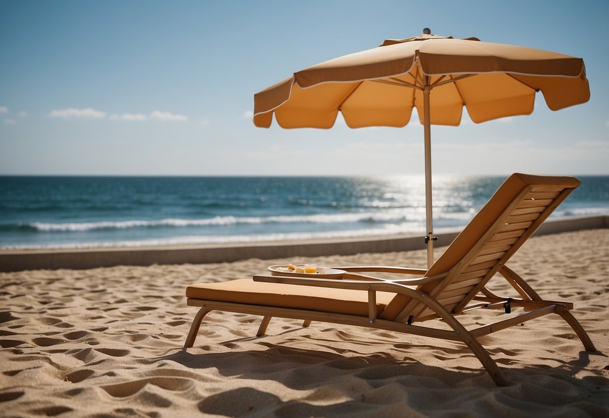 A sunbed with a reclining backrest, cushioned seat, and adjustable canopy, placed on a sandy beach with a view of the ocean