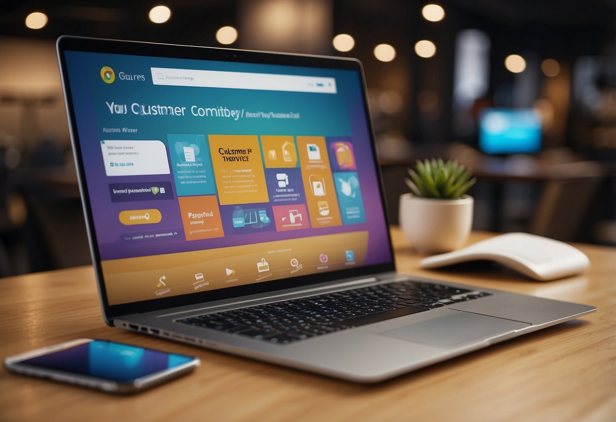 Customers browsing through FAQs on laptops and mobile devices. Colorful furniture images and text on screen. Customer service chat pop-ups