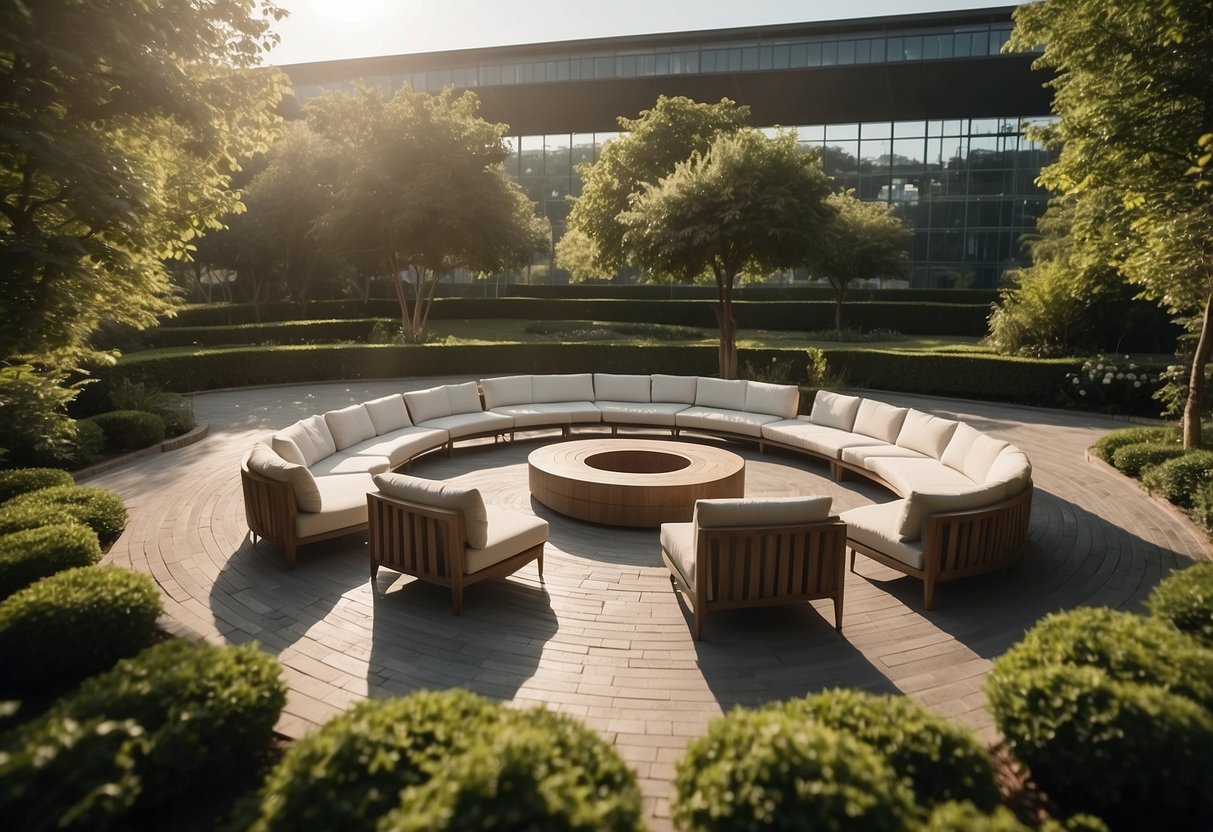 A bustling outdoor arena with sleek, modern furniture arranged in a circular pattern, surrounded by lush greenery and under the open sky