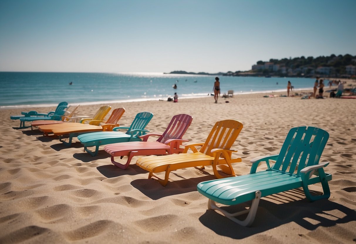 A bright, sunny day at the beach with rows of colorful sunbed furniture lined up along the shore, inviting relaxation and enjoyment