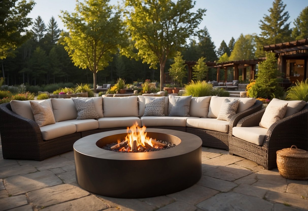 A cozy outdoor oasis with a variety of stylish and comfortable furniture arranged around a central fire pit or water feature