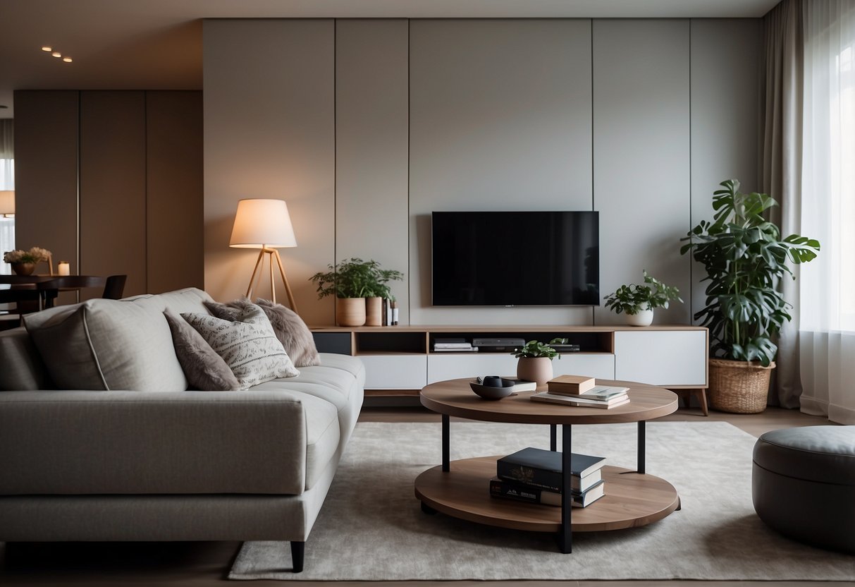 A cozy living room with a plush sofa, a coffee table with decorative books, and a soft rug underfoot. A sleek entertainment center holds a large TV, while a stylish floor lamp adds warmth to the space