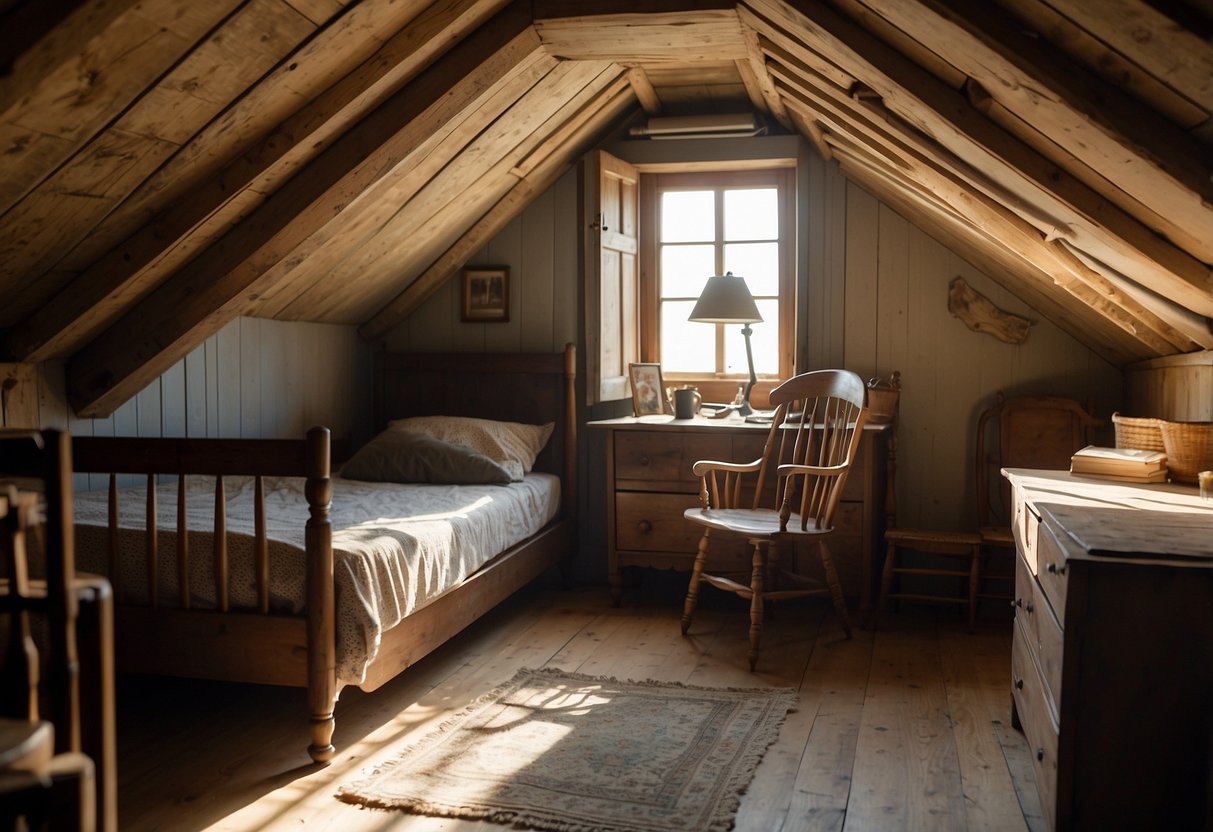 An attic bedroom with a vintage wooden bed, a cozy armchair, a worn-out rug, and a cluttered writing desk. Sunlight streams in through a small, dusty window, casting shadows on the old furniture