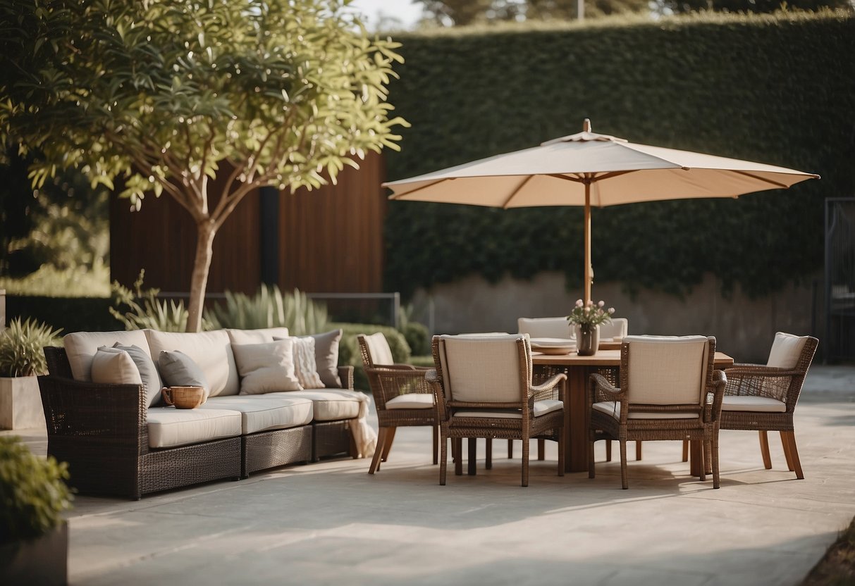 A cozy outdoor arena with modern furniture, including a sleek dining set, comfortable lounge chairs, and a stylish umbrella for shade