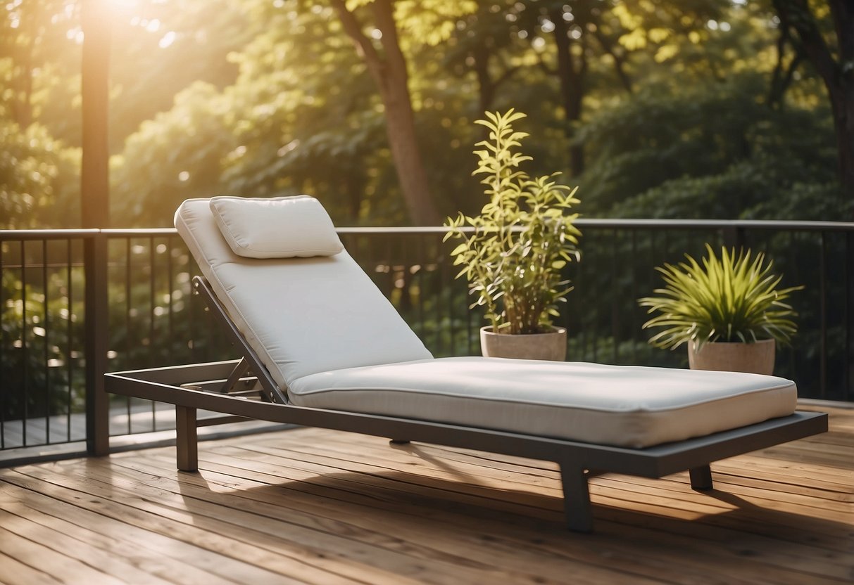 A modern sunbed with sleek lines and neutral colors sits on a spacious outdoor deck, surrounded by lush greenery and bathed in warm sunlight