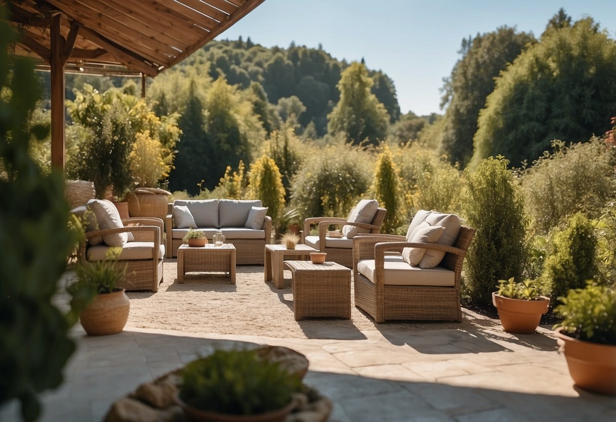 A sunny outdoor setting with various types of furniture arranged in a spacious area, surrounded by greenery and under a clear sky