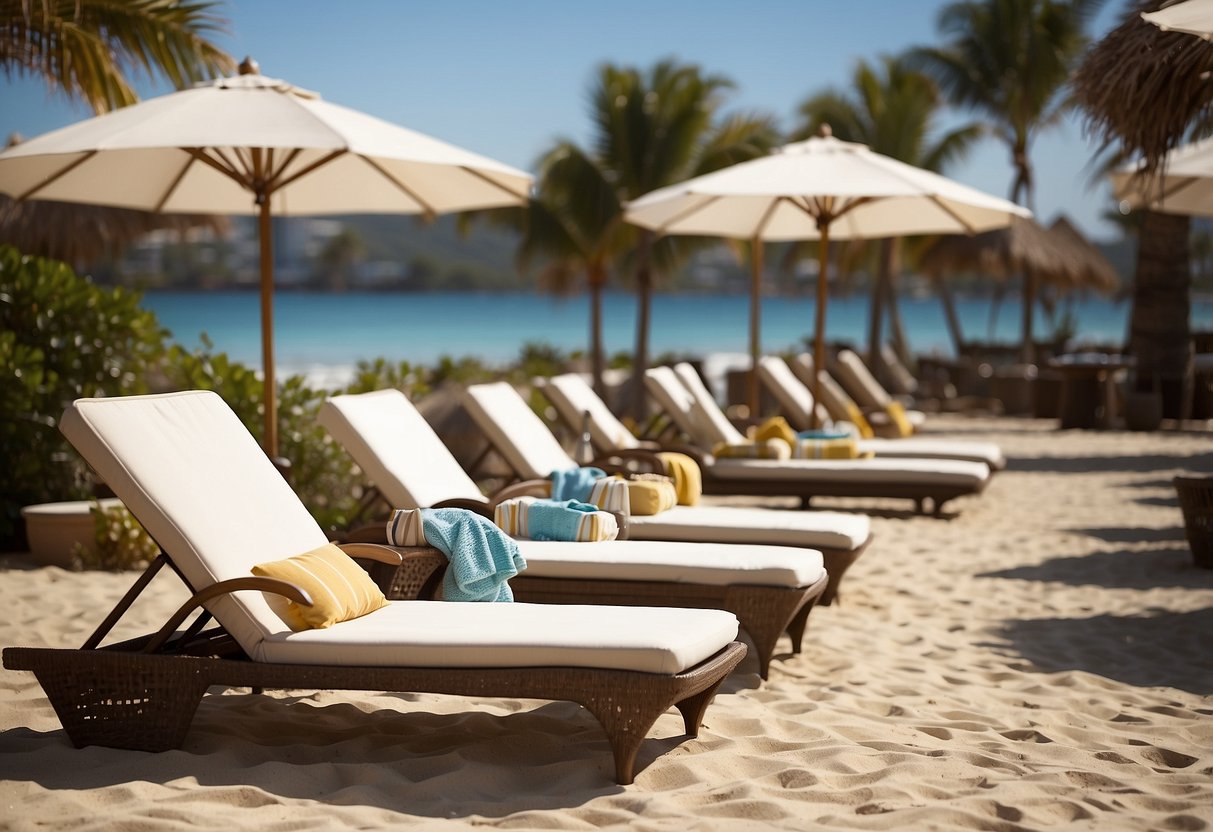 A row of sunbed furniture with umbrellas, towels, and a sign reading "Frequently Asked Questions" in a beach setting