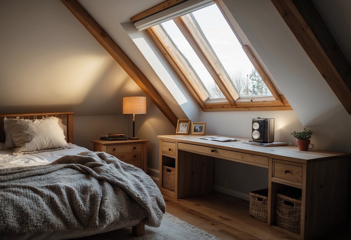 An attic bedroom with cozy furniture, a plush bed, a small desk, and a bookshelf against the slanted walls. A window lets in soft light, illuminating the peaceful space
