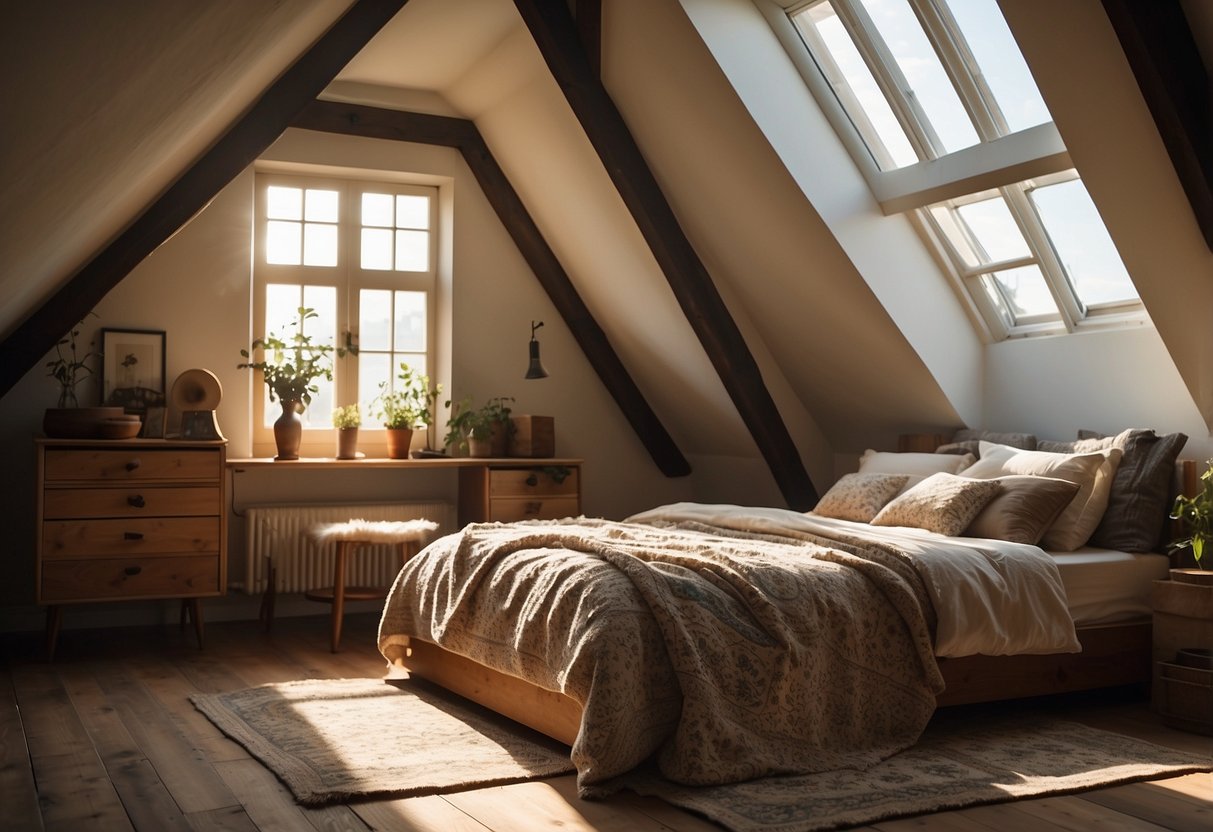 An attic bedroom with a cozy bed, nightstand, and vintage rug. Sunlight streams in through a dormer window, casting warm shadows on the walls