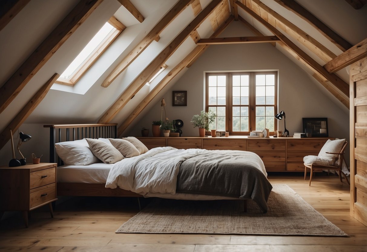 An attic bedroom with cozy furniture, including a bed, nightstand, and dresser. The room is well-lit with natural light and features sloped ceilings and exposed beams