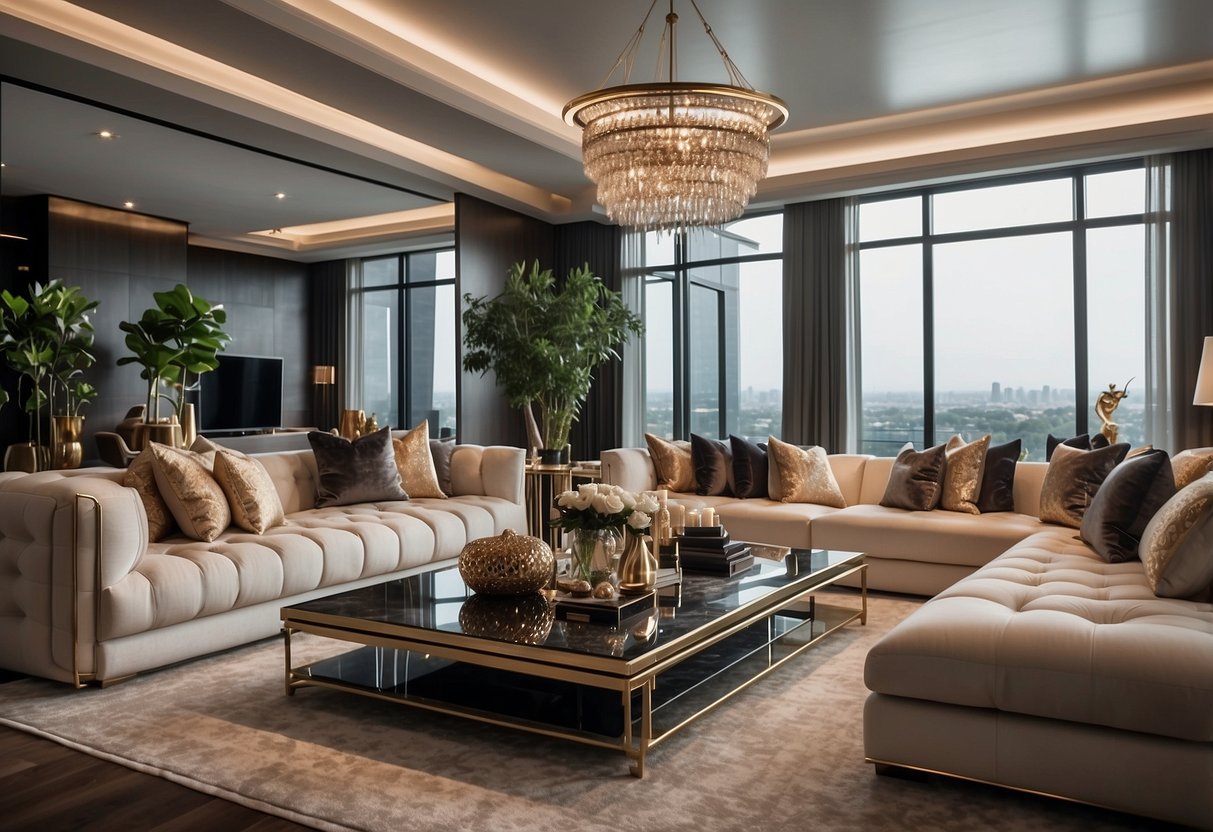 A lavish living room with sleek, modern furniture from premium brands. Rich fabrics, elegant finishes, and sophisticated designs exude luxury and opulence