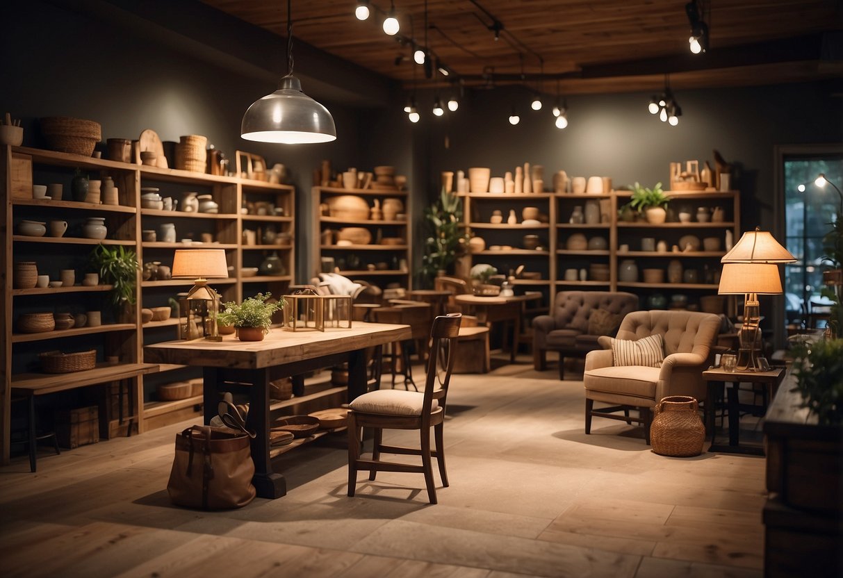 A cozy river valley furniture shop with rustic wooden shelves, soft lighting, and a variety of handcrafted chairs, tables, and cabinets on display