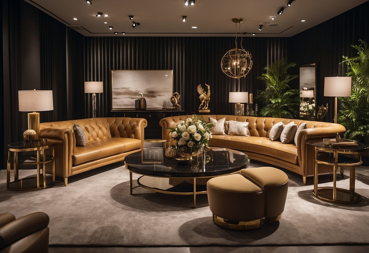 A luxurious showroom displays iconic premium furniture brands and collections. Rich textures and elegant designs create a sophisticated and opulent atmosphere