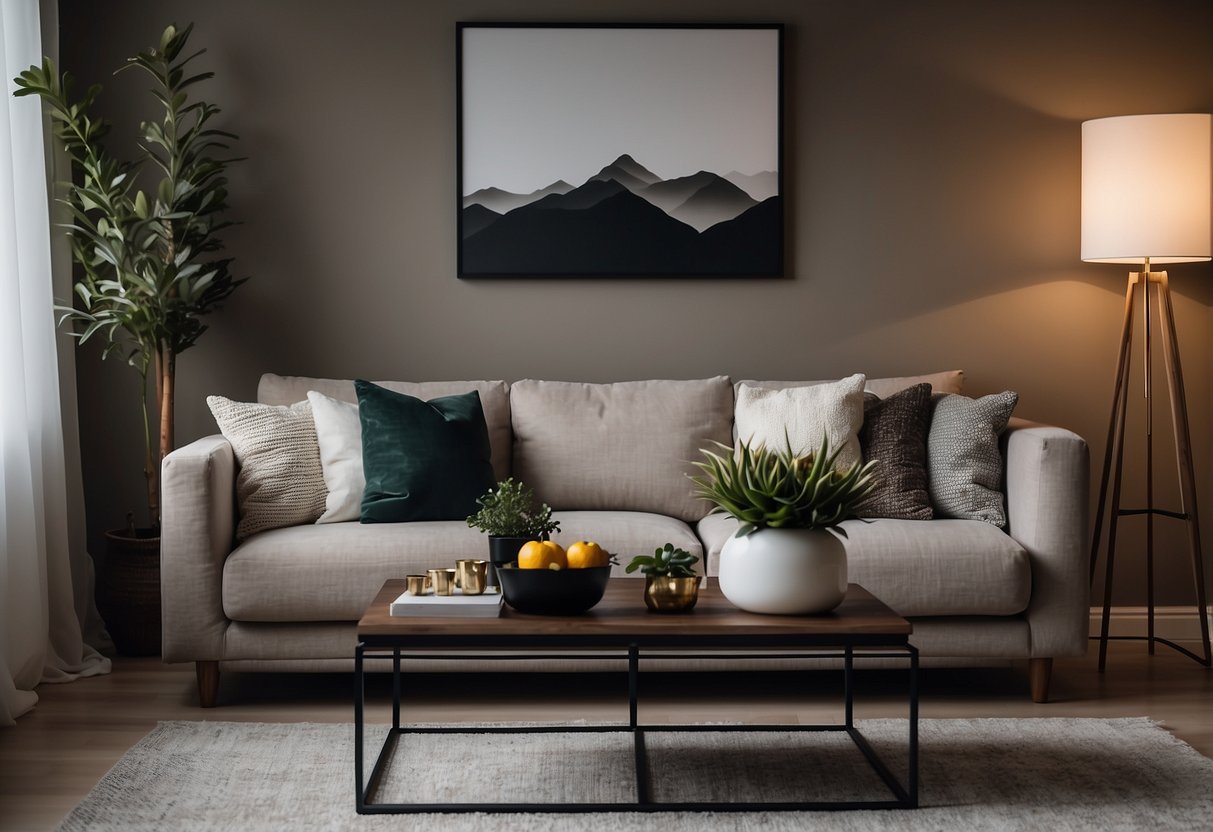 A cozy living room with a modern sofa, coffee table, and soft rug. A sleek dining area with a stylish table and chairs. A well-lit bedroom with a comfortable bed and elegant nightstands