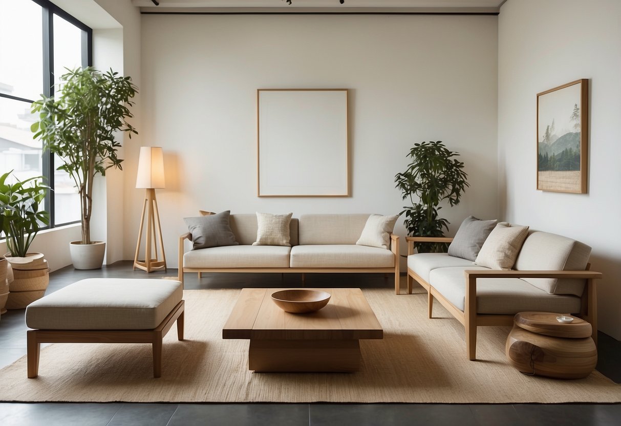 A serene showroom with minimalist Japanese furniture arranged in clean lines and natural materials, bathed in soft, diffused light