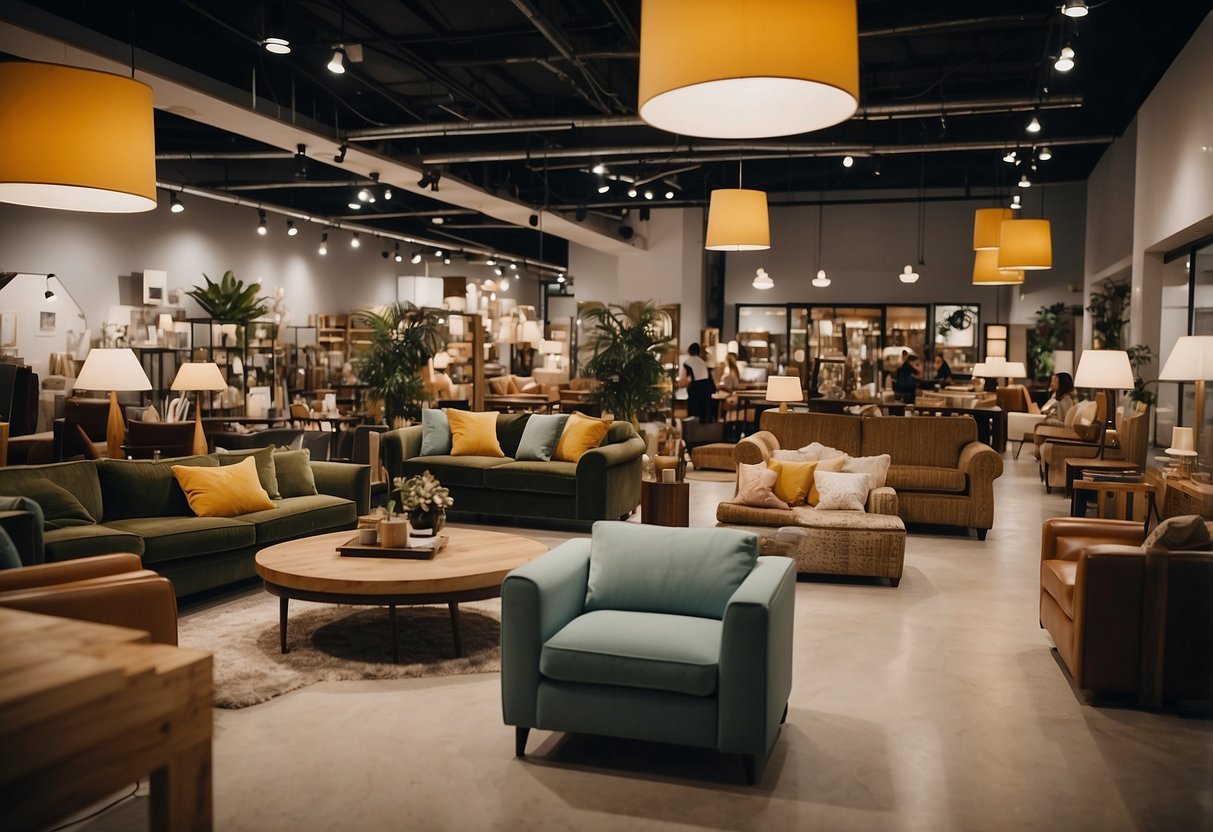 A bustling furniture shop in River Valley, with customers browsing and staff assisting. Various styles of furniture on display