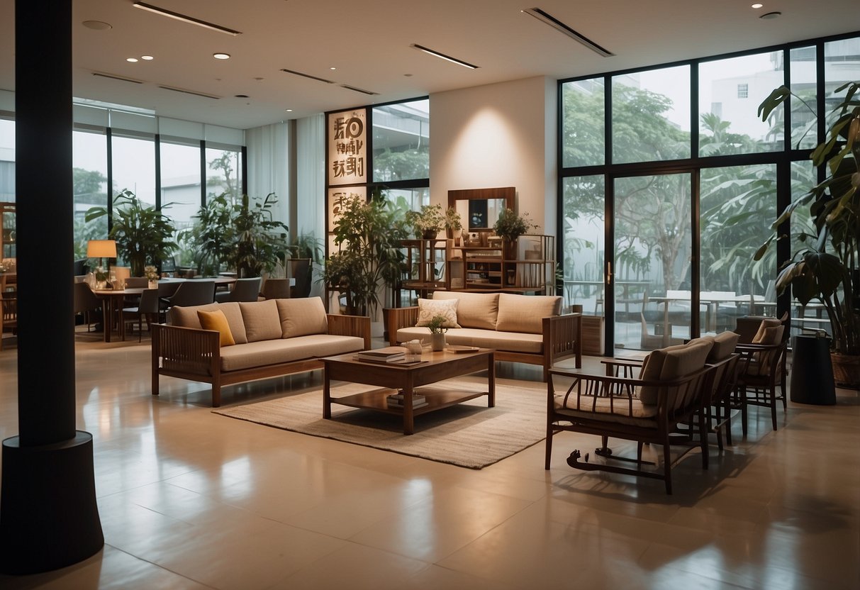A serene showroom with sleek Japanese furniture, customers browsing, and a prominent "Frequently Asked Questions" sign at Tan Boon Liat