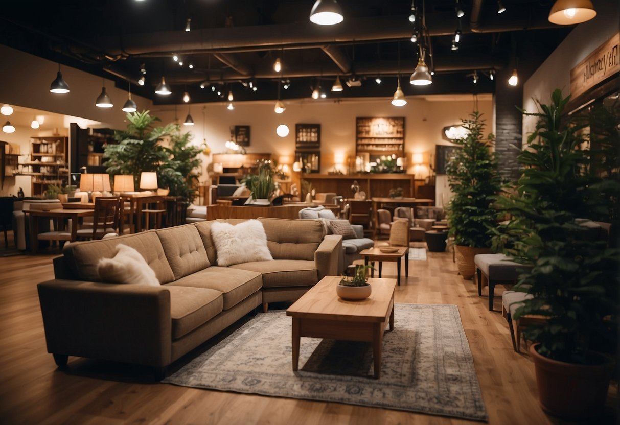A cozy river valley furniture shop with warm lighting, welcoming decor, and a variety of comfortable seating options