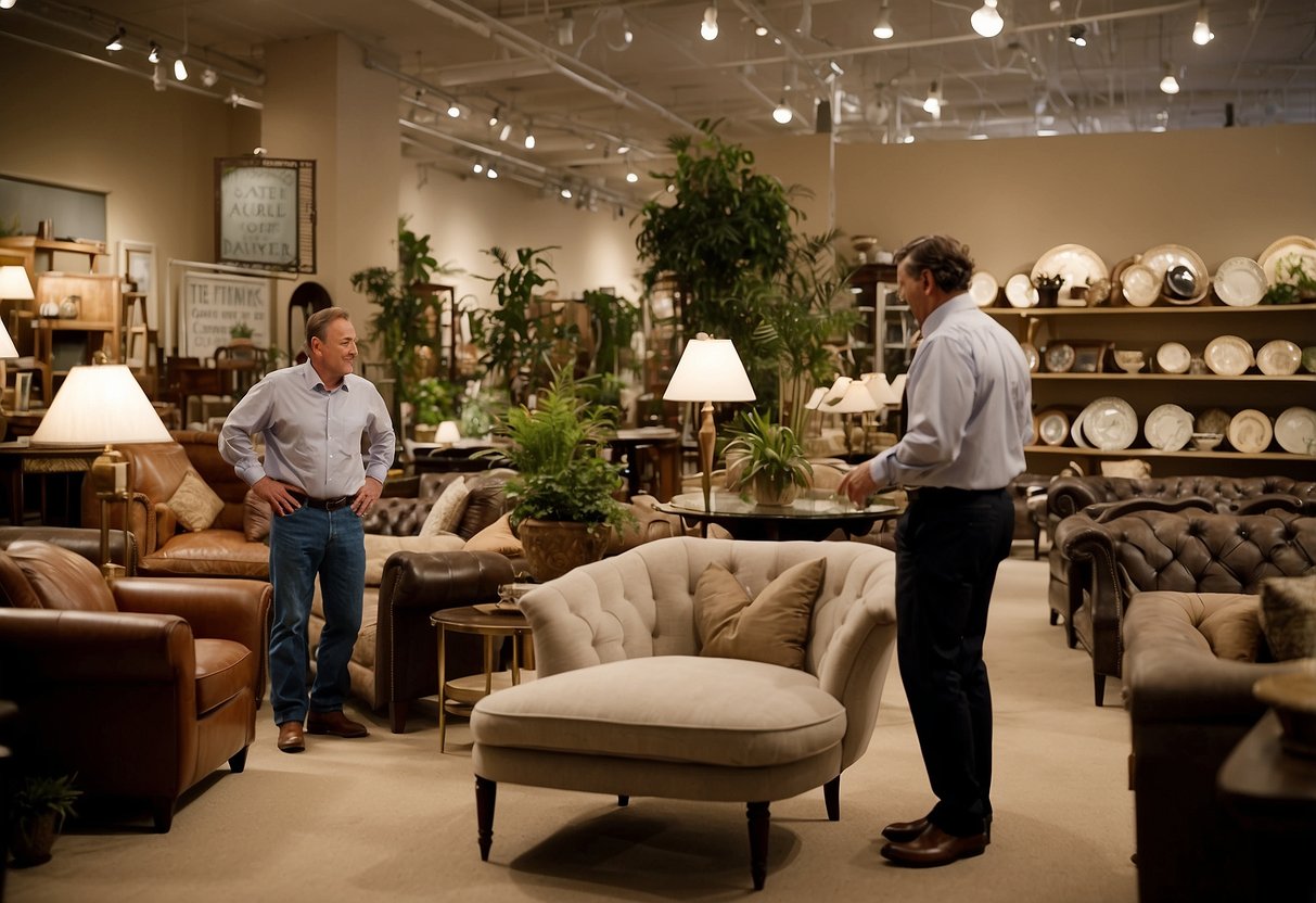 The river valley furniture shop bustles with customers browsing through displays of sofas, tables, and chairs. A friendly staff member assists a couple in selecting a dining set