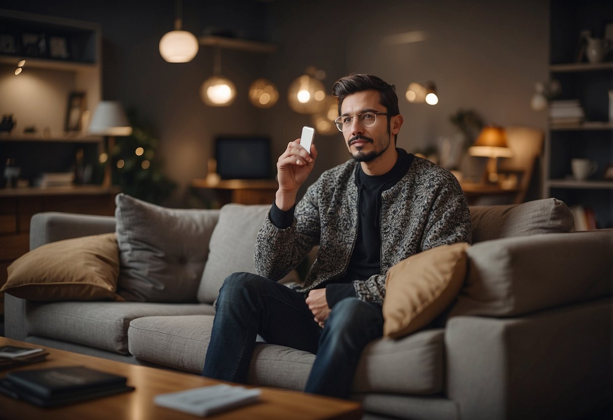 A person sitting on a couch, surrounded by various furniture pieces. They hold a list of questions in one hand and point to different items with the other