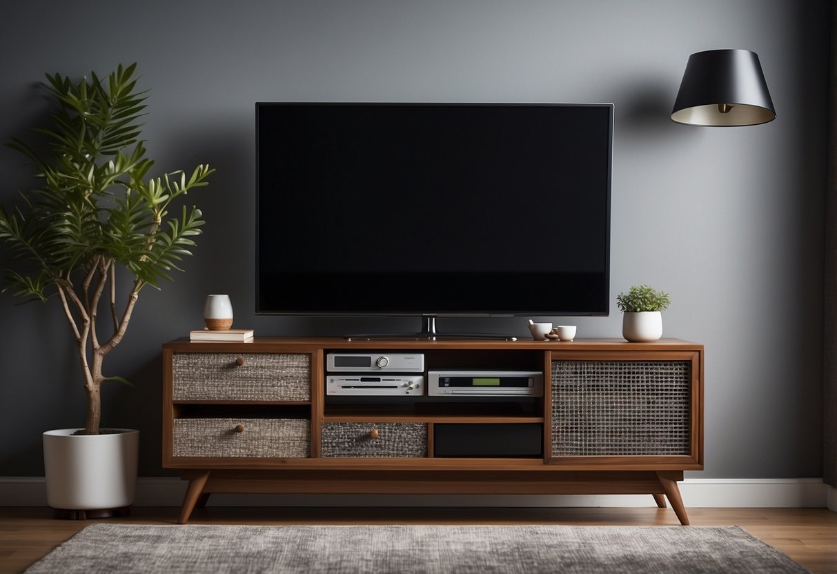 A television sits on a sleek, modern entertainment unit surrounded by matching furniture