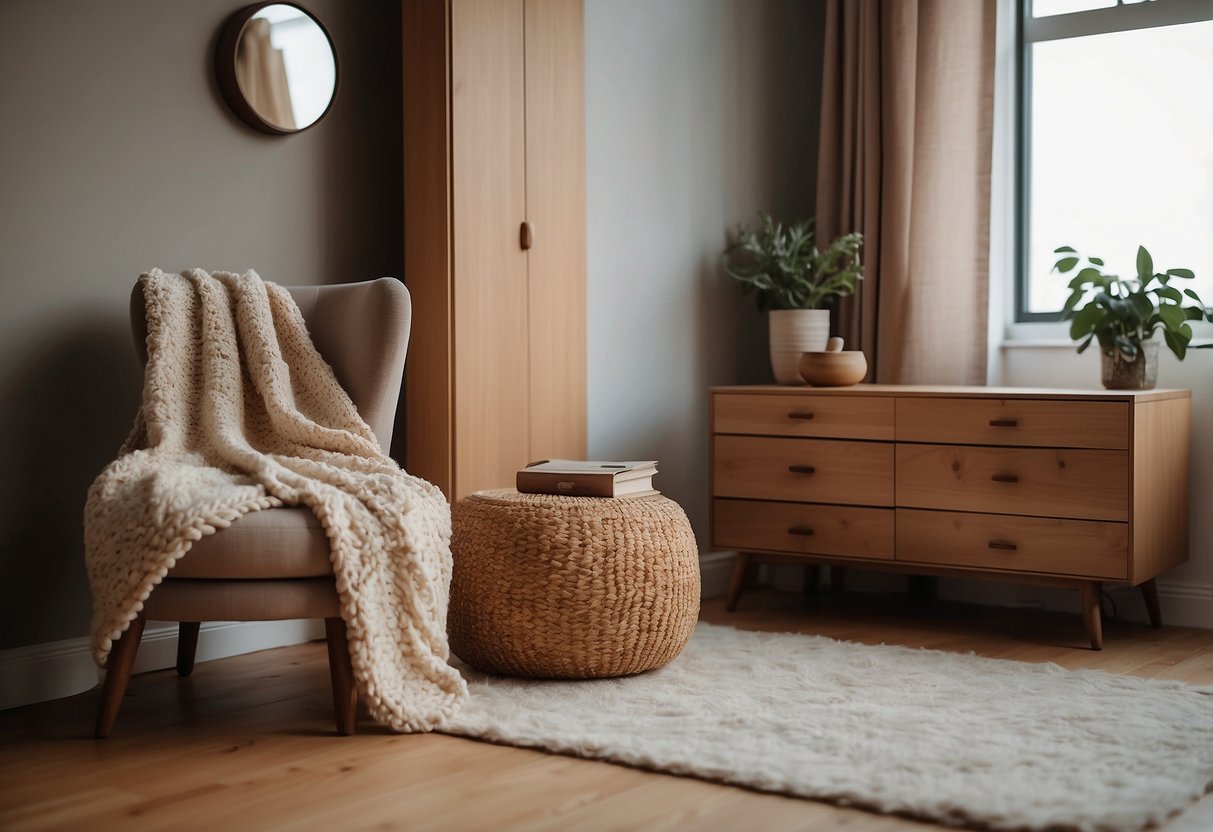 A chair sits beside a wooden dresser in a cozy bedroom. A soft blanket is draped over the back of the chair
