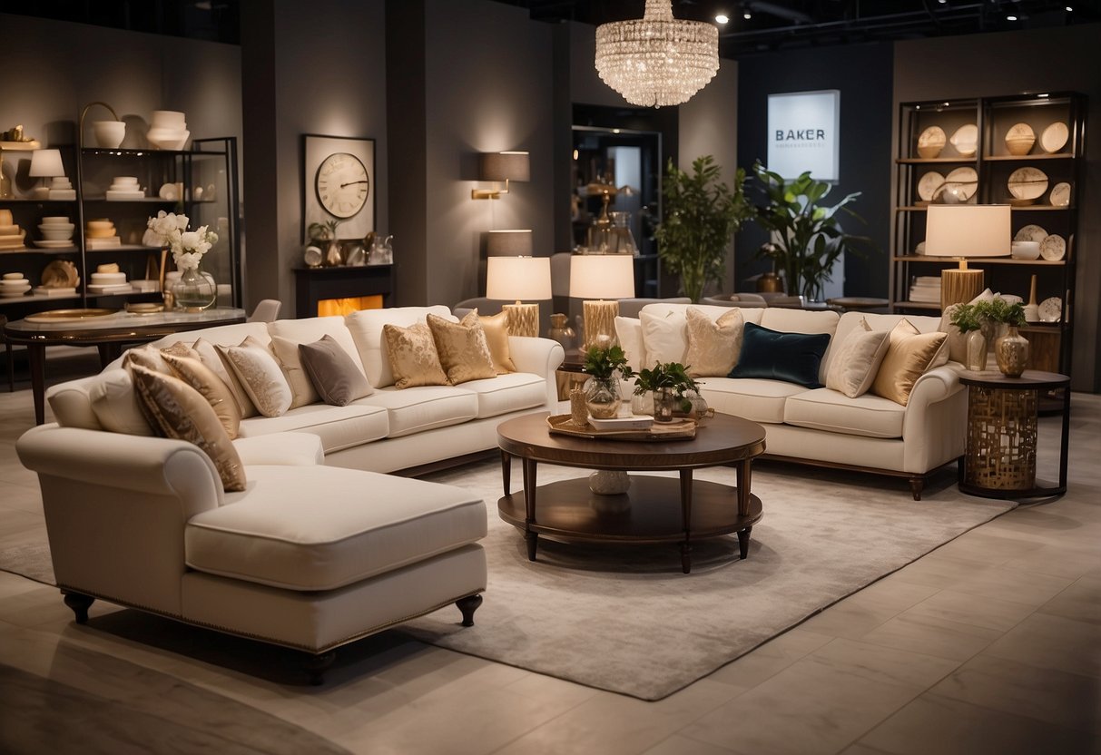 A display of elegant Baker furniture with price tags, ranging from affordable to high-end, showcased in a well-lit showroom