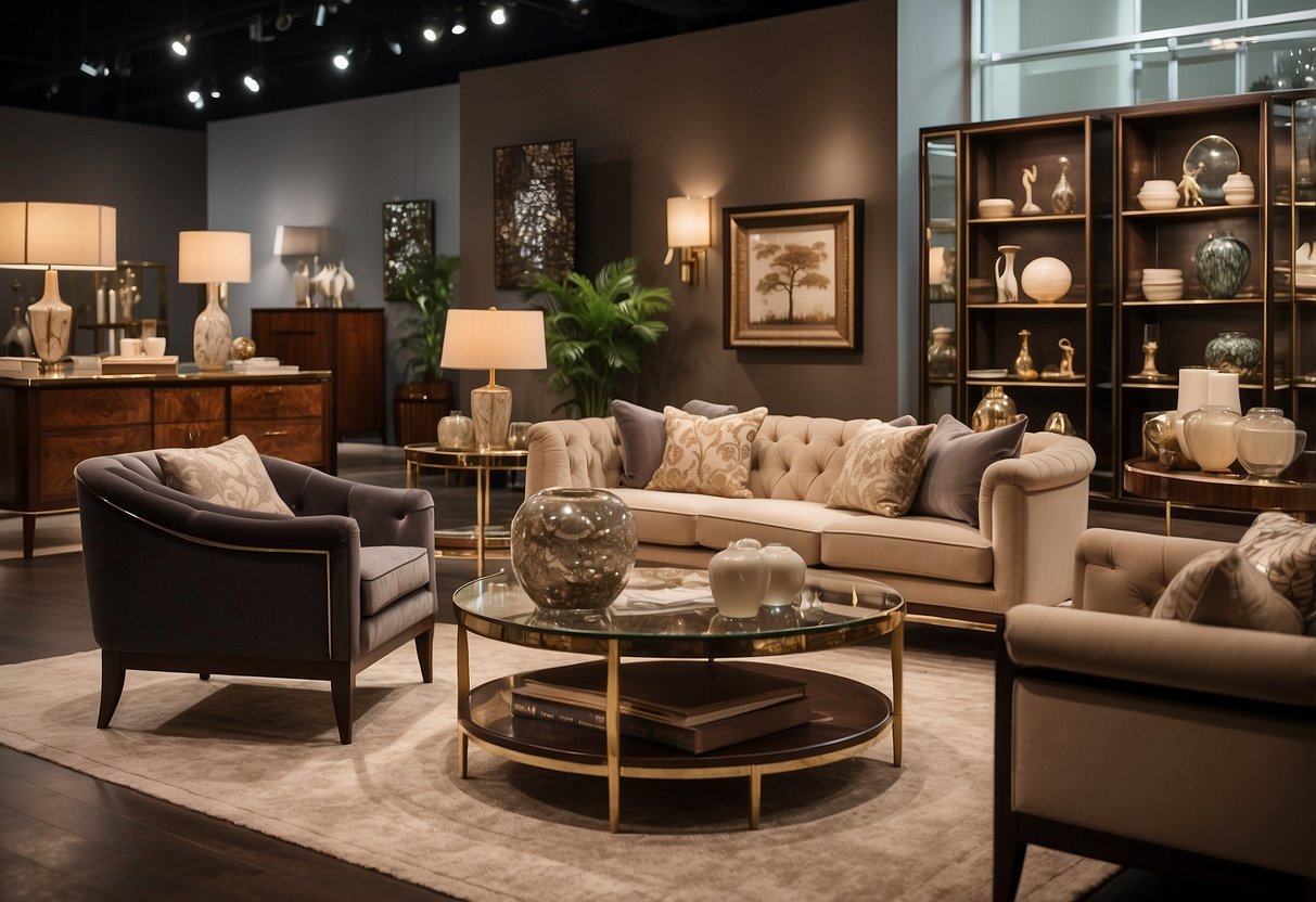 A showroom filled with elegant Baker Furniture pieces, showcasing a range of prices and styles. Rich wood finishes and luxurious fabrics create an inviting atmosphere for customers to explore
