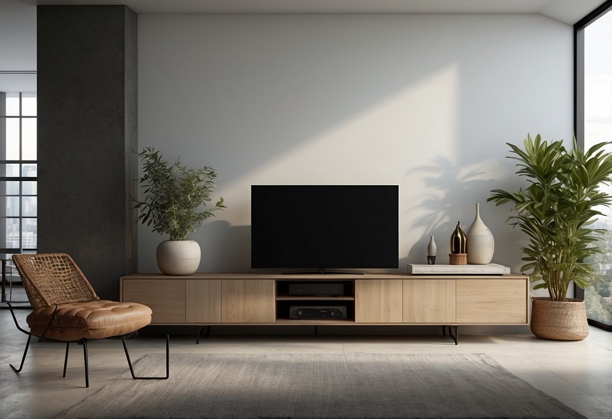 A living room with a modern TV stand, clean lines, and sleek design. The stand is positioned in front of a mounted television, with shelves holding various media devices and decorative items