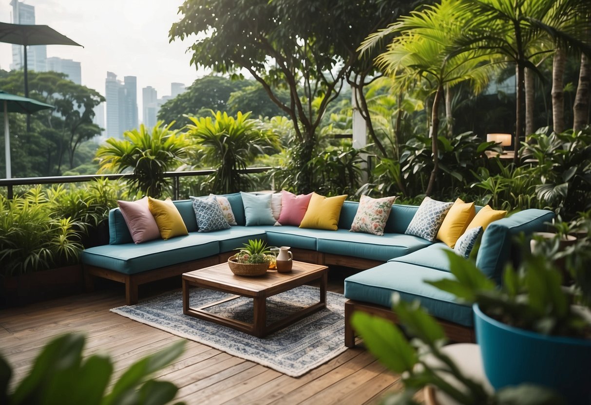 A sunny outdoor patio with a variety of colorful cushions arranged on different types of furniture, surrounded by lush greenery in Singapore