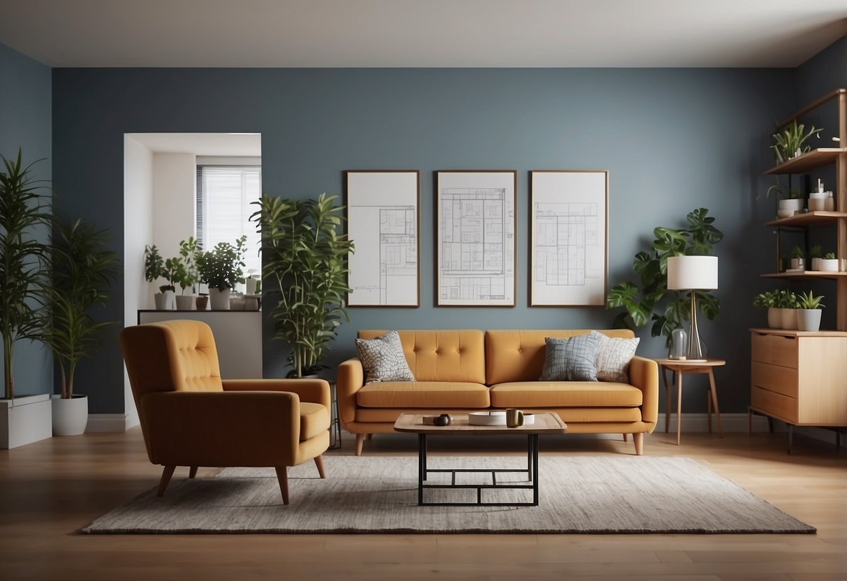 A person measuring and assessing furniture in a room, taking note of dimensions and considering the layout and design