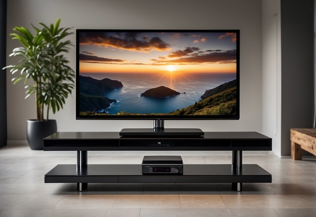 A sleek TV stand with a large flat-screen TV, surround sound speakers, and adjustable lighting, creating a modern and immersive viewing experience
