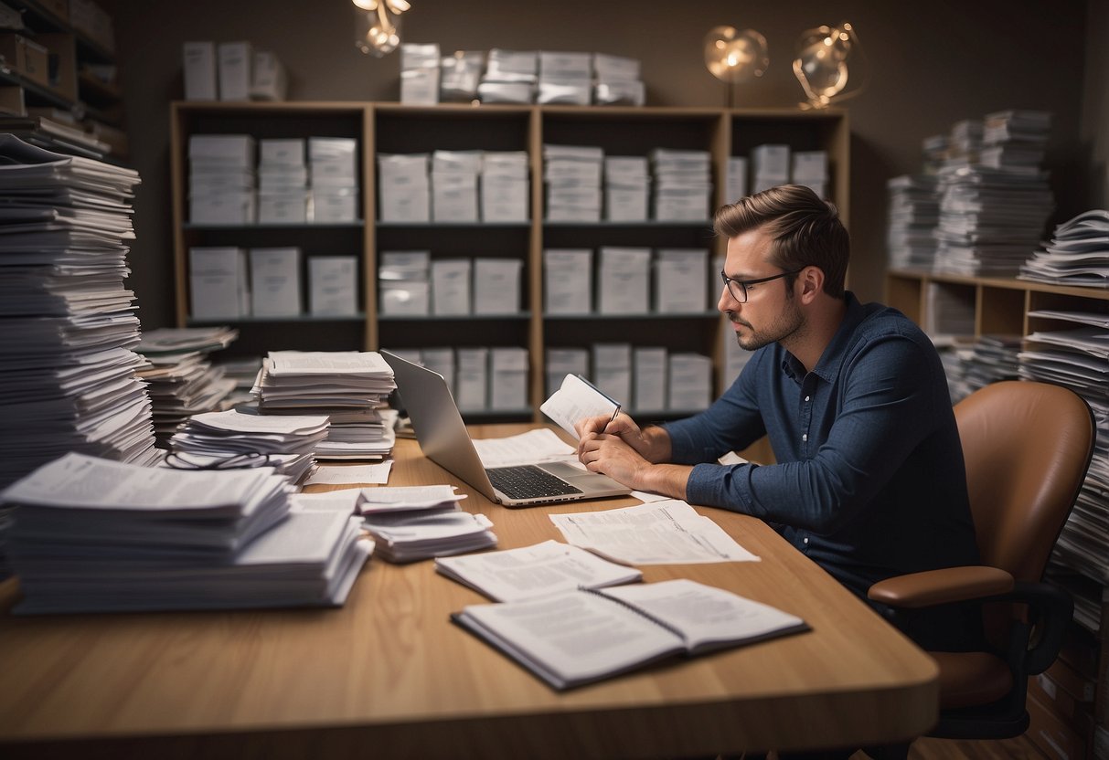 A person sitting at a desk with a pen and paper, surrounded by furniture catalogs and price lists. They are deep in thought, considering financial and logistical aspects of buying furniture