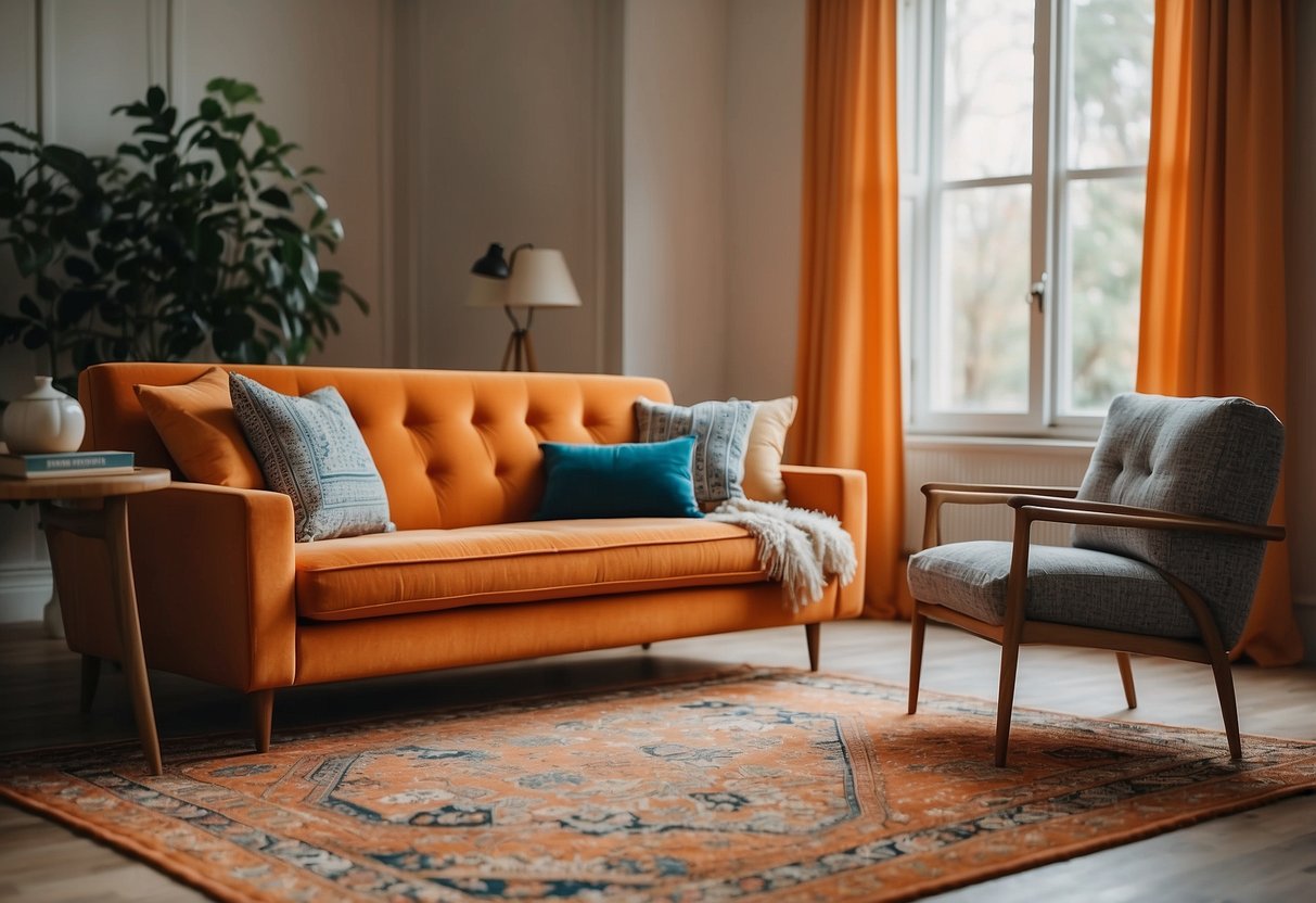An orange sofa and armchair sit in a bright living room with matching curtains and a patterned rug
