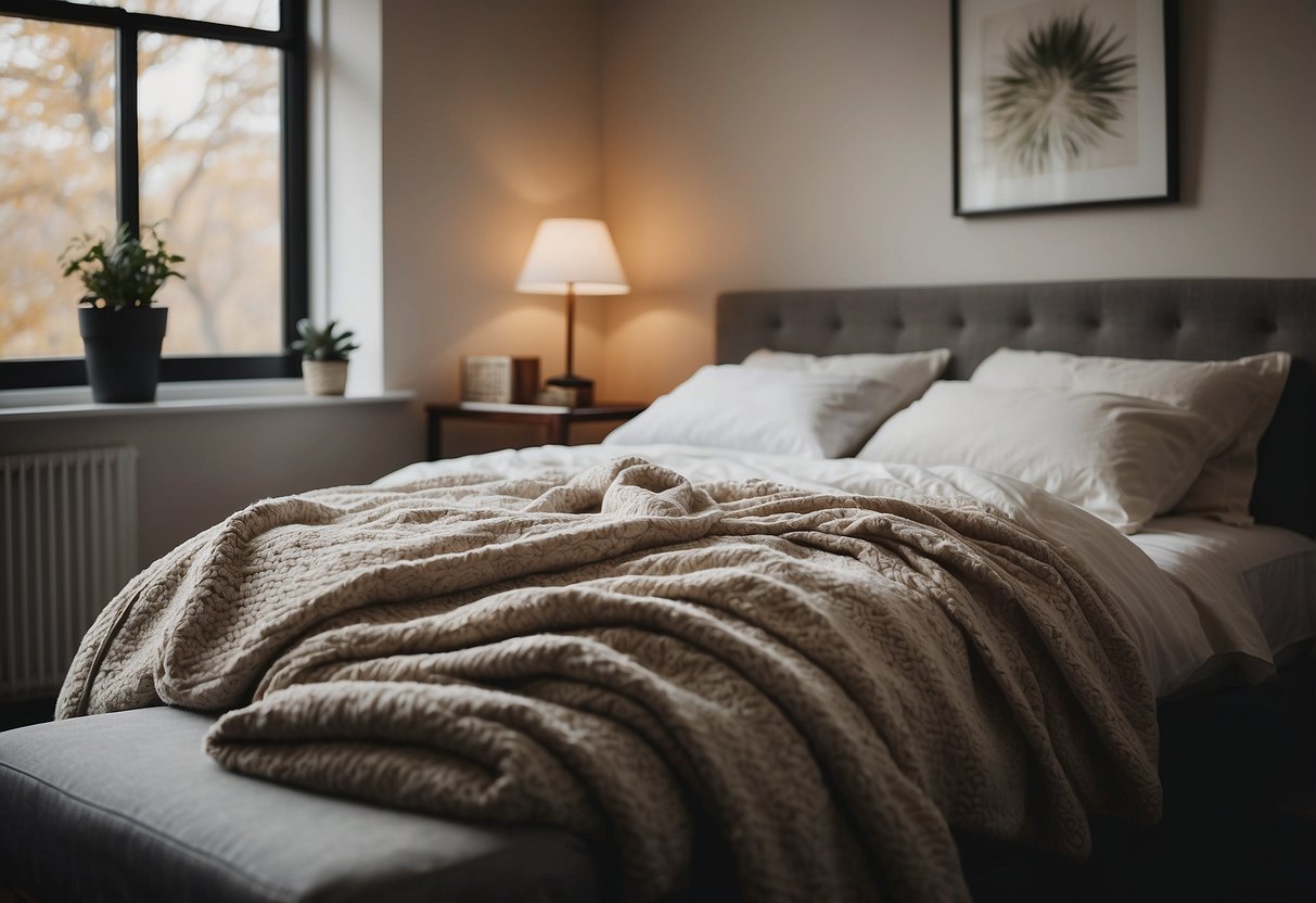 A cozy bedroom with a comfortable chair positioned next to a window, with a soft throw blanket draped over the back and a small side table nearby