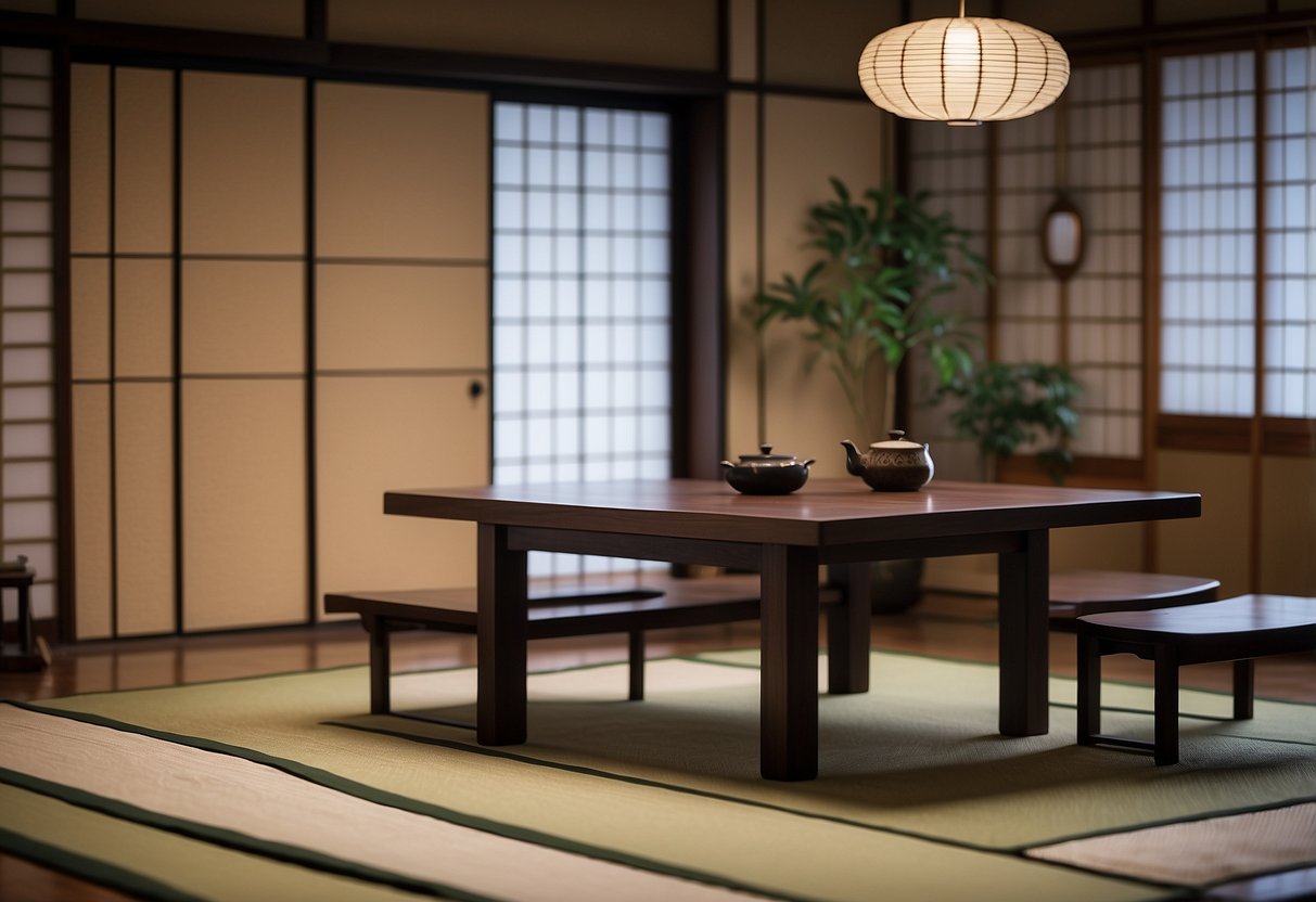 An old Japanese style room with low wooden tables, tatami mats, sliding paper doors, and minimal decor