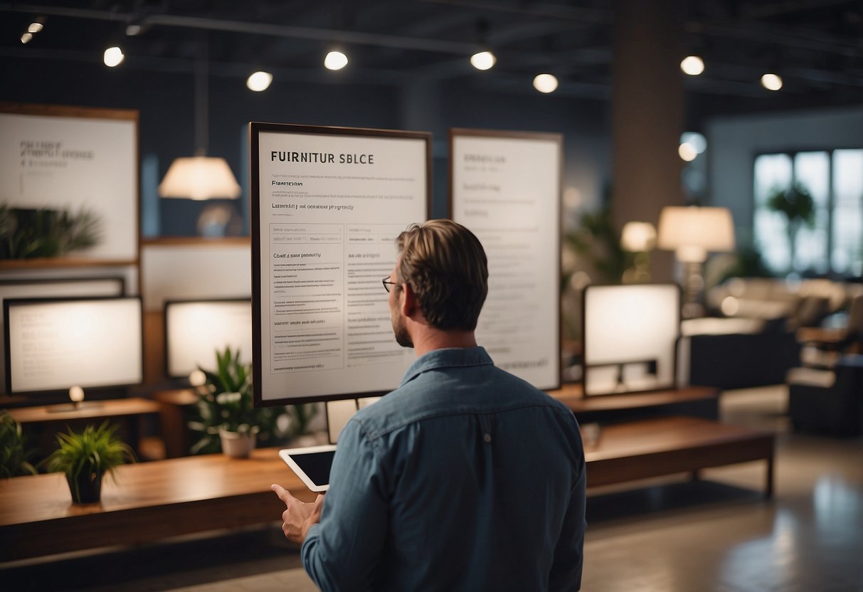 A person browsing a furniture store, looking at a list of "Frequently Asked Questions" about furniture buying