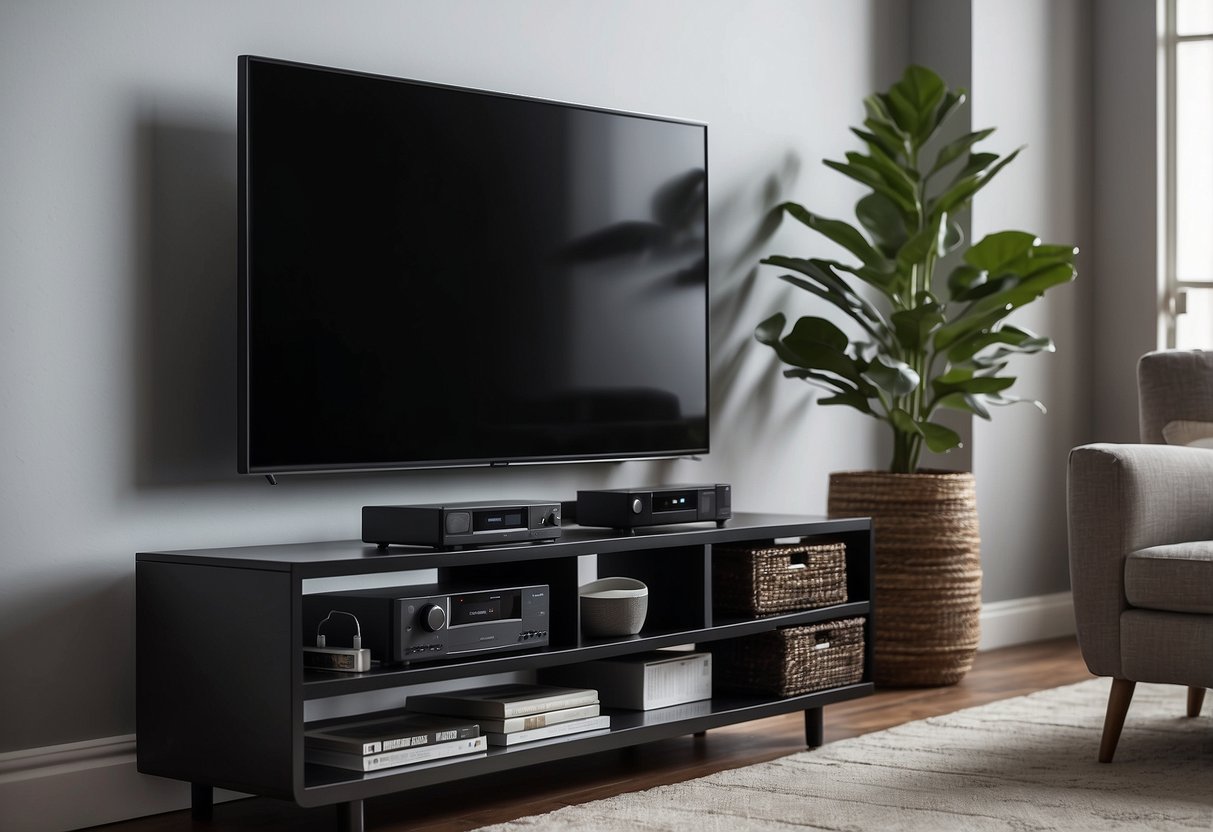 A television sitting on a sleek, modern TV stand with shelves, surrounded by neatly arranged remote controls and various electronic devices
