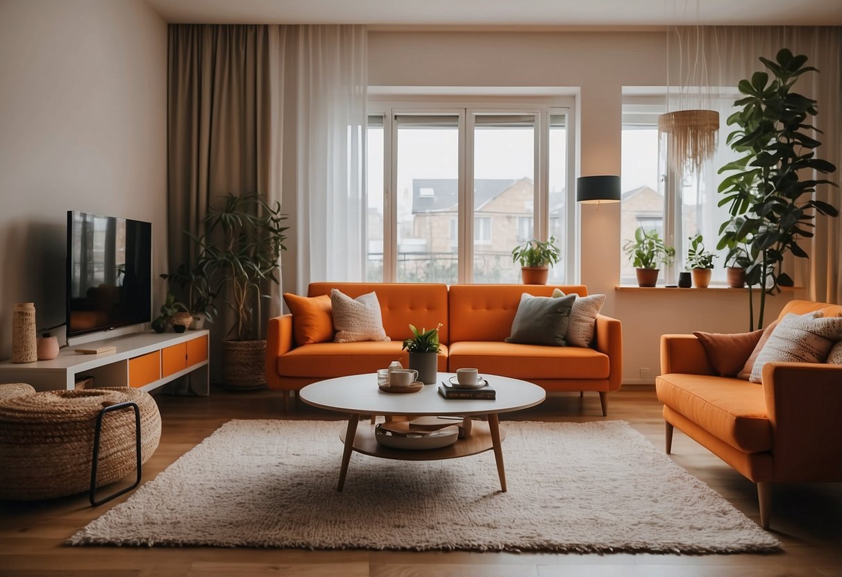 A modern living room with orange furniture, warm lighting, and a cozy rug