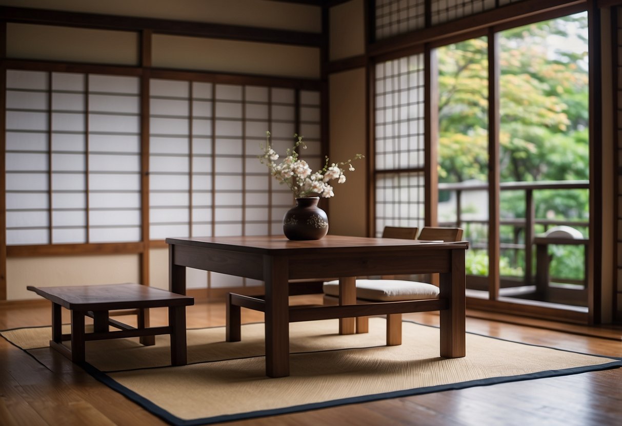 A traditional Japanese room with low wooden tables, tatami mats, sliding doors, and minimalistic decor