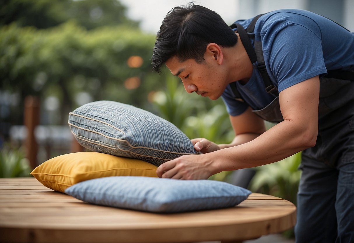 A person customizing and caring for outdoor furniture cushions in Singapore. They are carefully measuring, cutting, and sewing new fabric onto the cushions, ensuring a perfect fit and stylish design