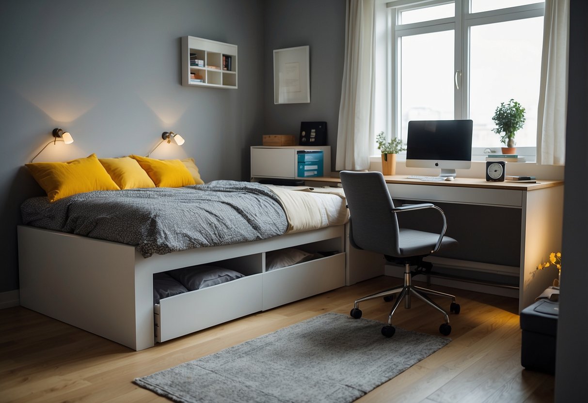 A bedroom with space-saving furniture, a chair tucked under a desk, and a bed with built-in storage