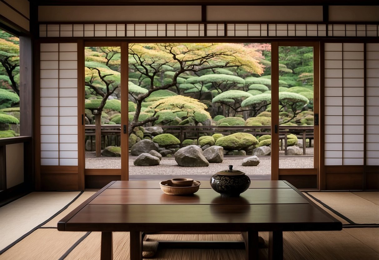 A traditional Japanese room with low wooden tables, sliding paper doors, and delicate handcrafted details